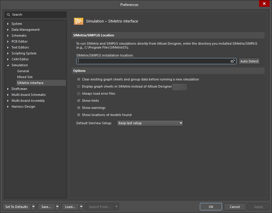 The Simulation – SIMetrix Interface page of the Preferences dialog