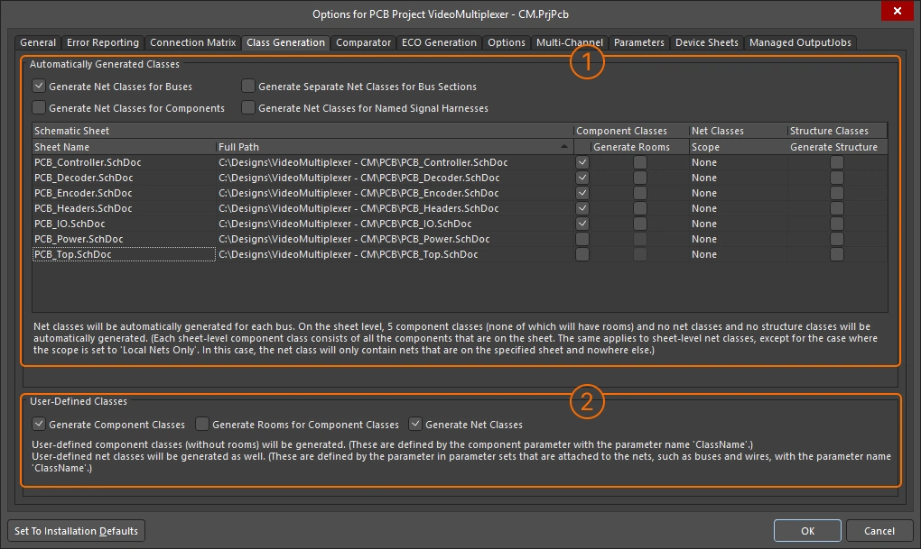 Use the options in the Class Generation tab to configure the generation of derived classes and user-defined classes during design synchronization.