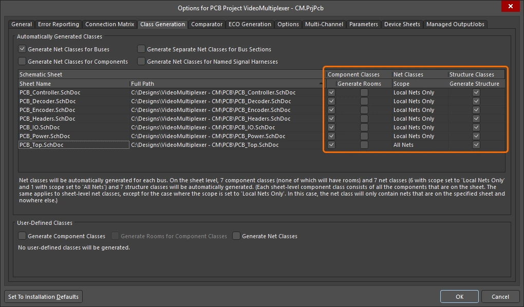 Specify which schematic sheets to generate a structure class from, and if that sheets components and nets are to be included.