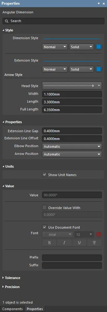 The Angular Dimension mode of the Properties panel.