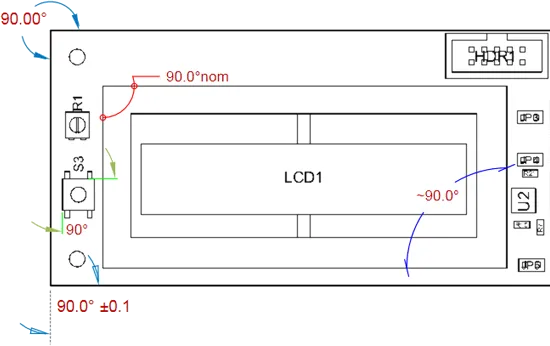 A variety of Angular Dimensions applied to a Board Assembly View.