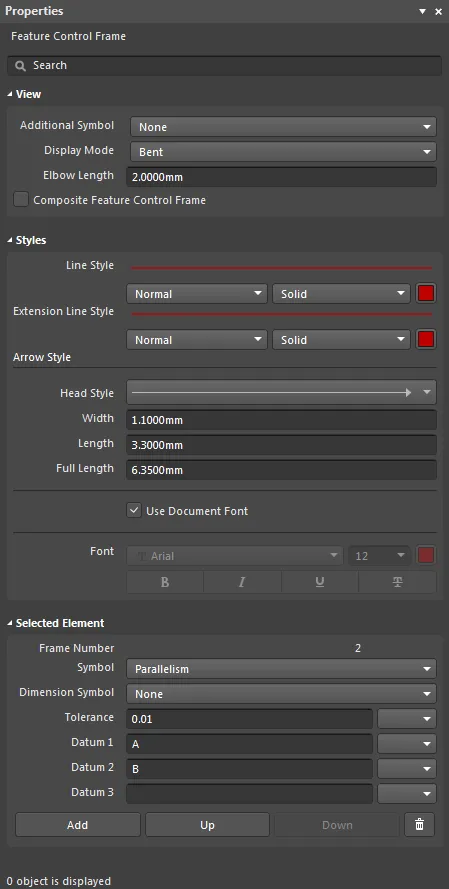 The Feature Control Frame mode of the Properties panel