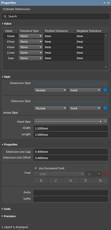 The Ordinate Dimensions mode of the Properties panel.