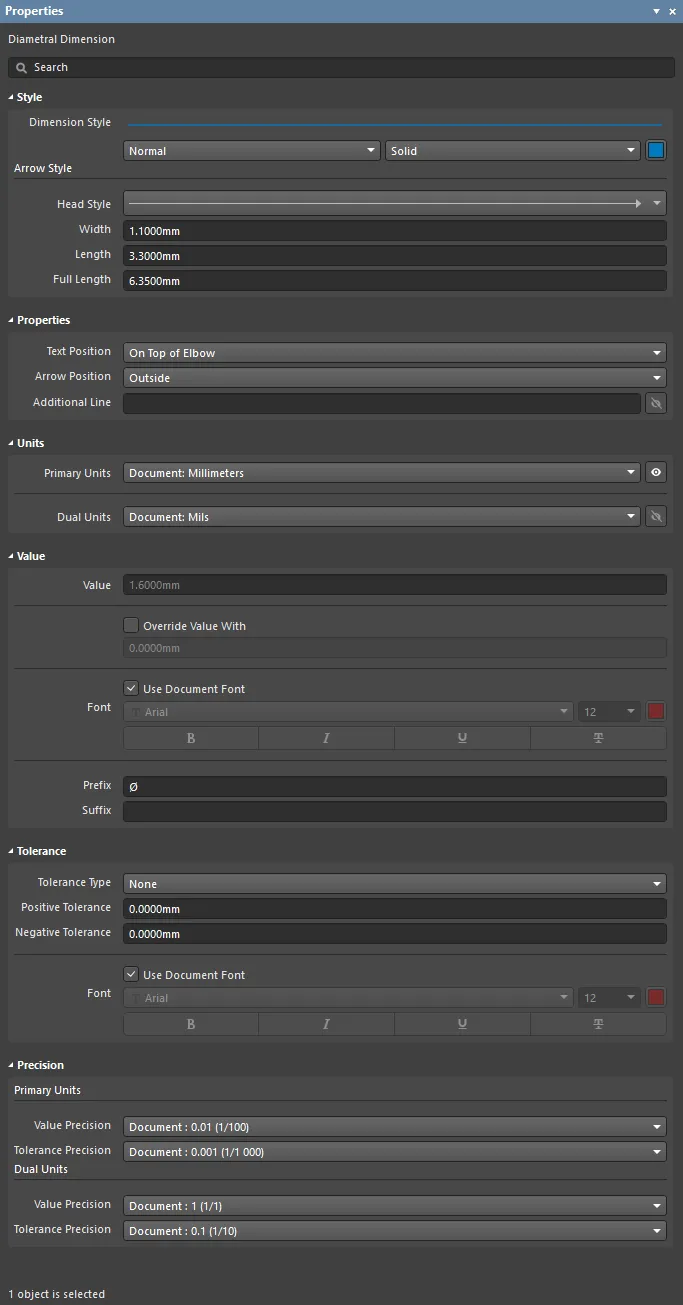 The Diametral Dimension mode of the Properties panel.