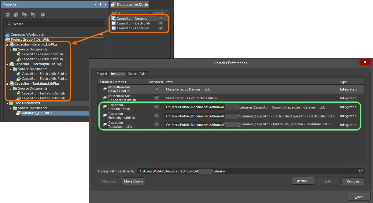 Results of the conversion process – library package projects with constituent symbol and footprint model documents and the compiled IntLibs, which are also added as installed libraries.