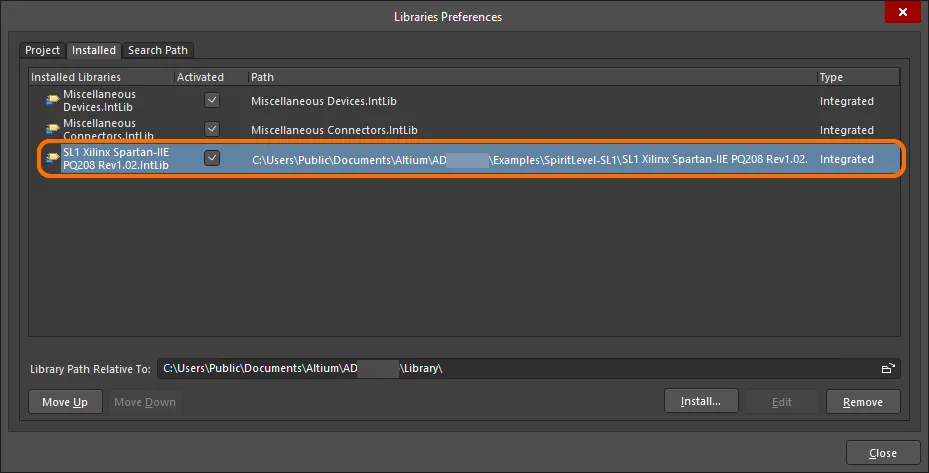 The compiled integrated library is added to the Installed tab of the Libraries Preferences dialog.