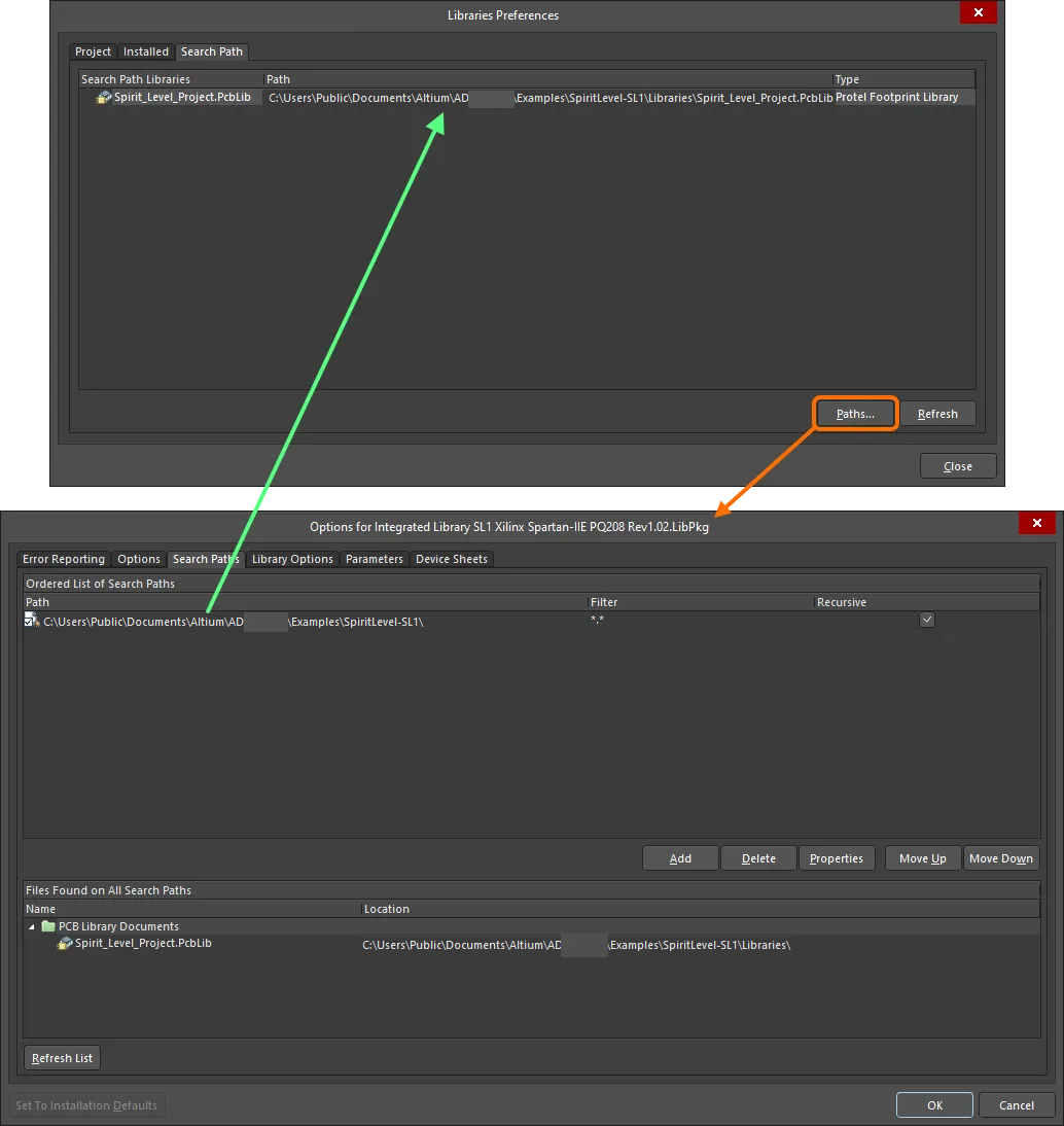 An example of a defined search path along which to find the required PcbLib model file.