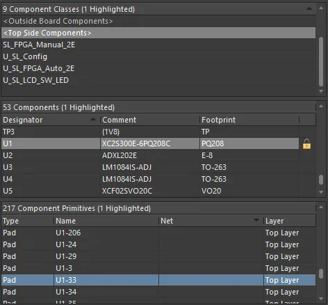 The PCB panel regions allow a cumulative filter selection through component classes to individual components to component primitives. 