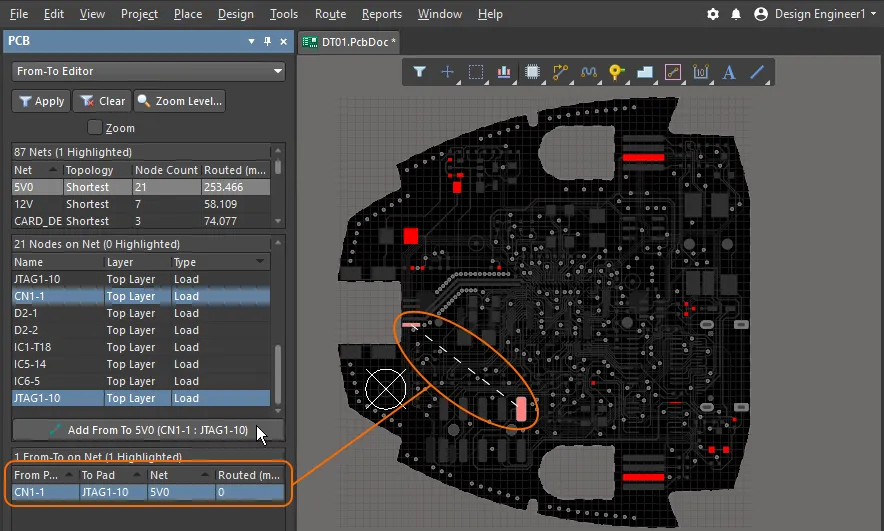 A From-To has been defined between 2 pads, note how the From-To line is displayed as dashed rather than solid.