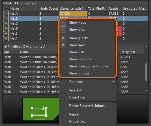 Right-click on a net or net item entry to select the included items.