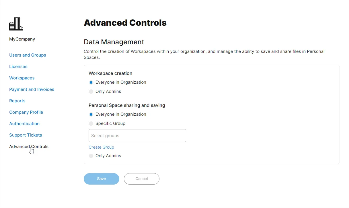 The Company Dashboard Advanced Controls page provides options to prevent Workspace creation and sharing/saving from an Altium 365 Personal Space.
