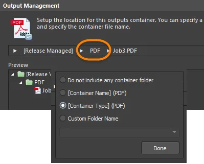 Options to define a container sub-folder for the output location.