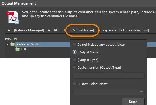 Options to define filename and optional sub-folder.