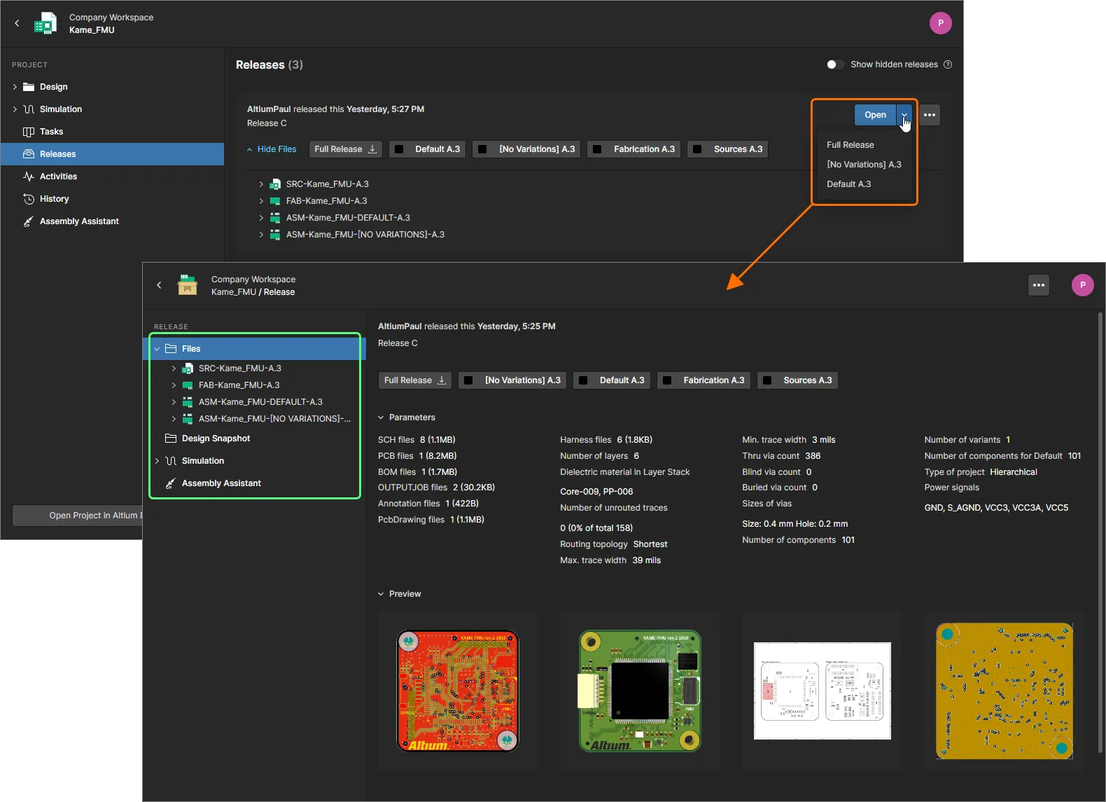 The Manufacture view gives you access to the released data packages, and the ability to open a package for closer inspection through a dedicated Manufacturing Portal. The Manufacture view gives you access to the released data packages, and the ability to open a package for closer inspection through a dedicated Manufacturing Portal.