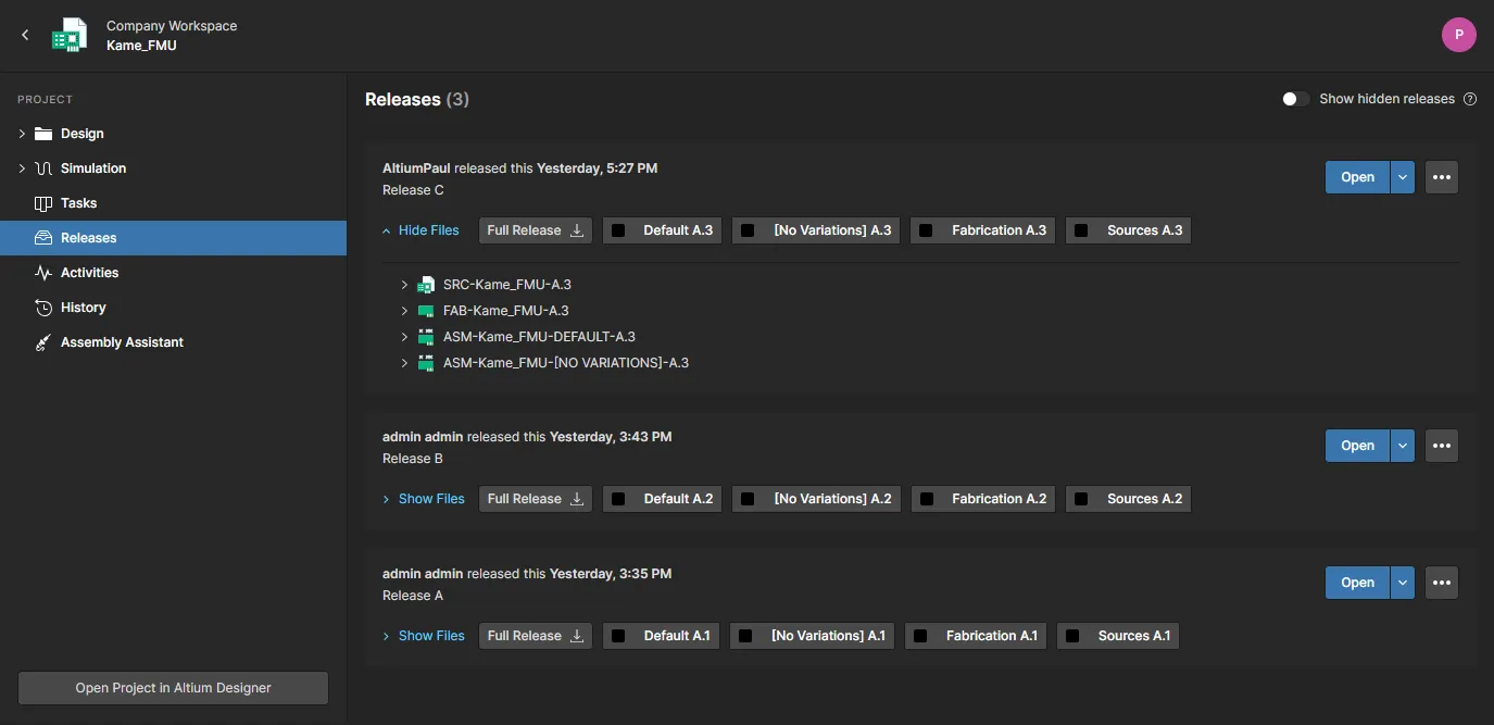 The Releases view gives you access to the released data packages, with the ability to open a package for closer inspection through a dedicated Manufacturing Portal, and also to send a release to your manufacturer as a Manufacturing Package. The Releases view gives you access to the released data packages, with the ability to open a package for closer inspection through a dedicated Manufacturing Portal, and also to send a release to your manufacturer as a Manufacturing Package.