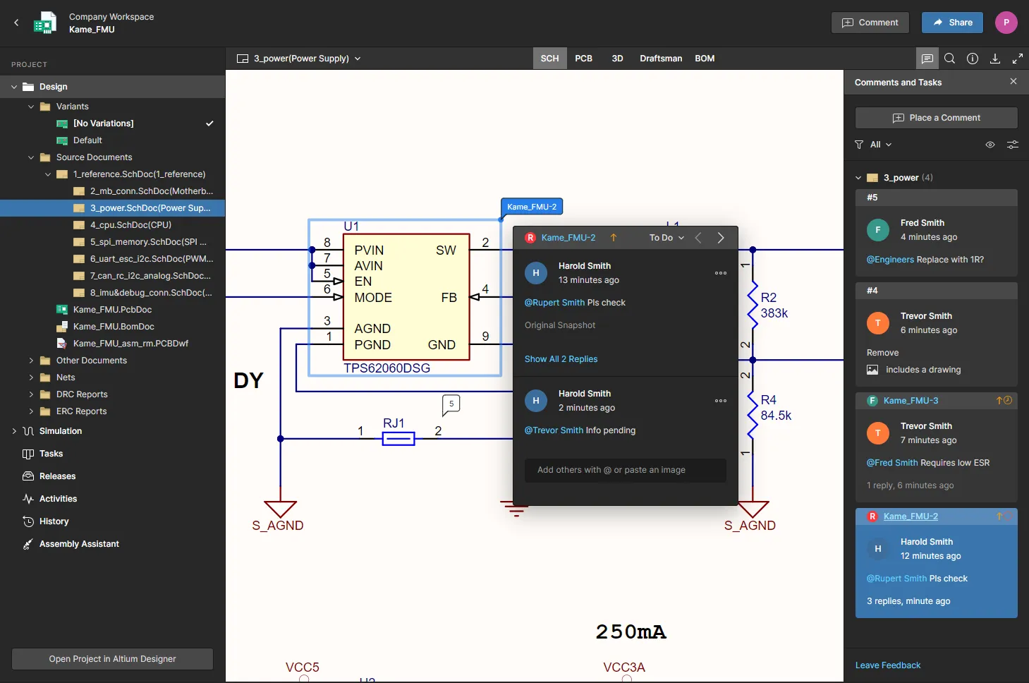 Example comments overlayed on a child schematic sheet of a Workspace project. The Comments and Tasks pane reflects all comments, while the accessible window in the main viewing area brings contextual commenting, right at the place you need it. Example comments overlayed on a child schematic sheet of a Workspace project. The Comments and Tasks pane reflects all comments, while the accessible window in the main viewing area brings contextual commenting, right at the place you need it.