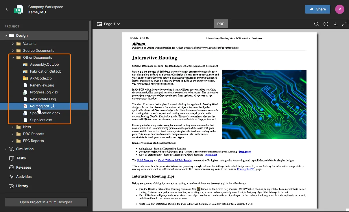 The Web Viewer includes 'non-CAD' files under the Other Documents header. Re-save the project from Altium Designer if they cannot be seen. The Web Viewer includes 'non-CAD' files under the Other Documents header. Re-save the project from Altium Designer if they cannot be seen.