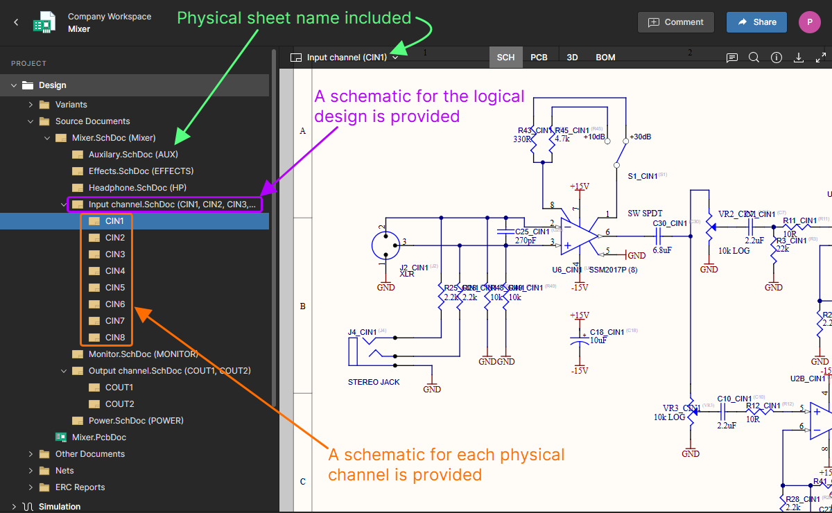 Example multi-channel design, with the logical design and each physical channel being presented on a different schematic sheet. Example multi-channel design, with the logical design and each physical channel being presented on a different schematic sheet.