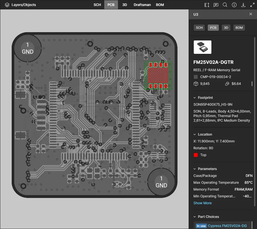 The PCB data view supports the selection of components, pads, vias, track segments and nets. Here, a selected component is shown. The PCB data view supports the selection of components, pads, vias, track segments and nets. Here, a selected component is shown.