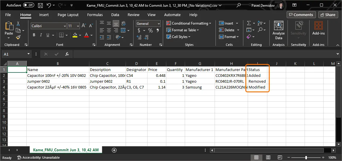 The downloaded BOM comparison CSV files show data that has been updated between the project releases specified when invoking the compare feature. The downloaded BOM comparison CSV files show data that has been updated between the project releases specified when invoking the compare feature.