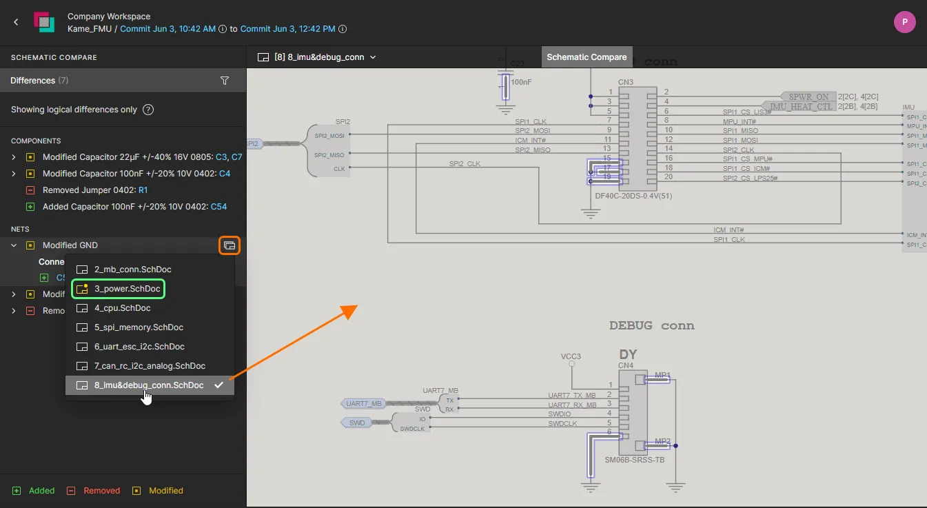 The entry for a modified Net includes a link to other schematic documents that also include the Net. The entry for a modified Net includes a link to other schematic documents that also include the Net.