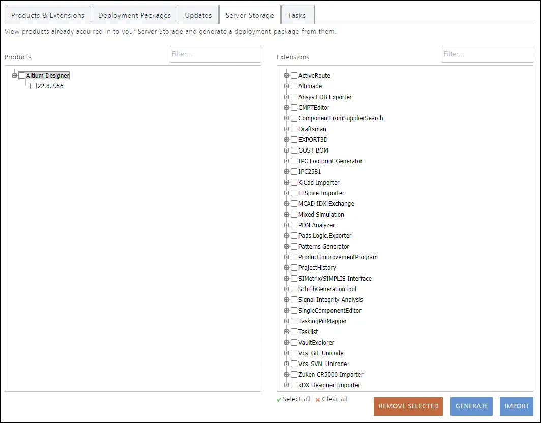 The Server Storage tab of the NIS interface reflects all products and extensions that are currently available in your local Enterprise Server. These are then used to fashion and generate a deployment package. The Server Storage tab of the NIS interface reflects all products and extensions that are currently available in your local Enterprise Server. These are then used to fashion and generate a deployment package.