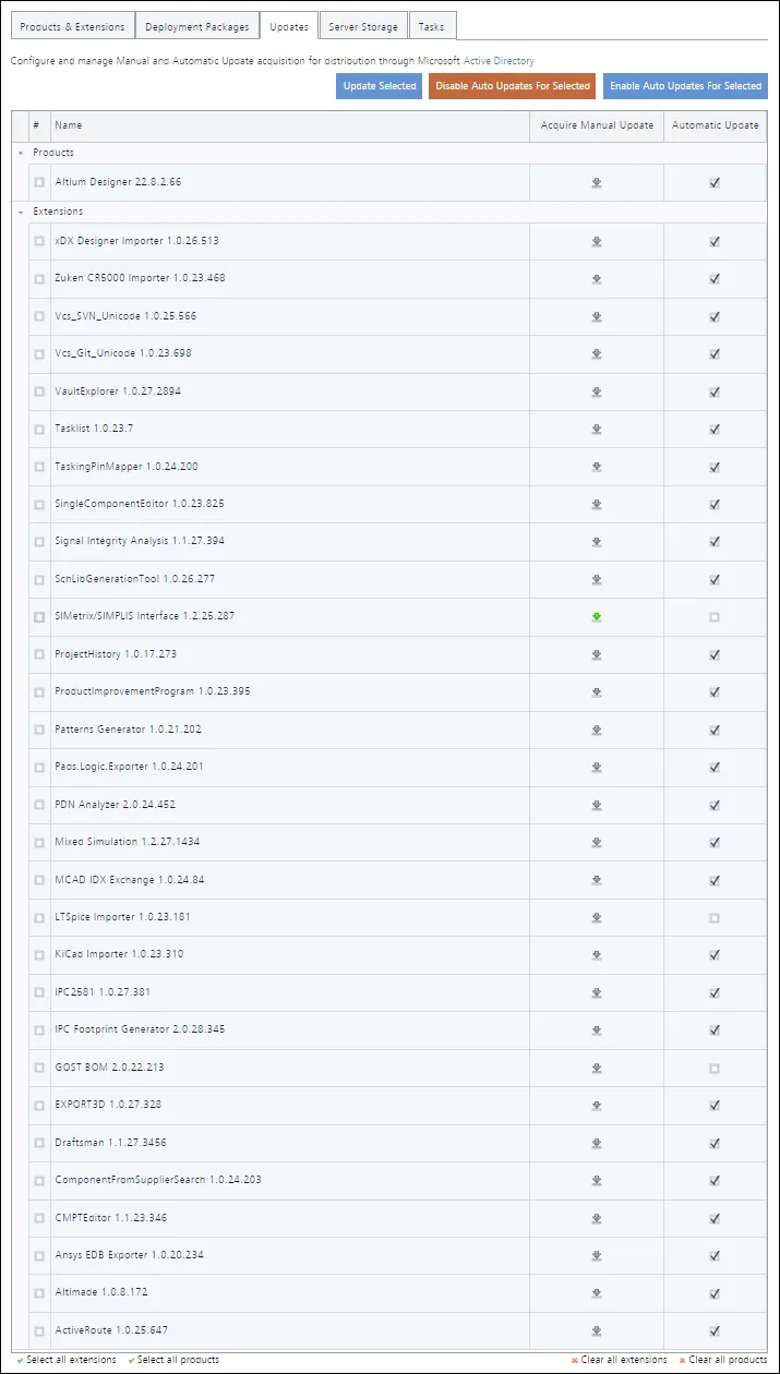 The Updates tab of the NIS interface – command central for controlling how the products and extensions in your local Enterprise Server get updated, when later versions of those products and extensions become available in the Altium Cloud Repository. The Updates tab of the NIS interface – command central for controlling how the products and extensions in your local Enterprise Server get updated, when later versions of those products and extensions become available in the Altium Cloud Repository.