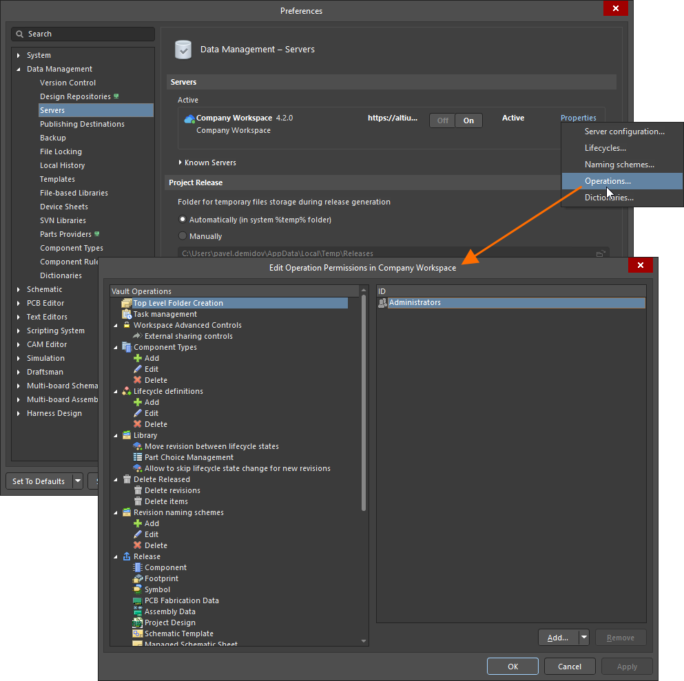 Setup global operating permissions for your connected Workspace through the Edit Operation Permissions dialog – accessed as part of your Altium Designer preferences. Setup global operating permissions for your connected Workspace through the Edit Operation Permissions dialog – accessed as part of your Altium Designer preferences.