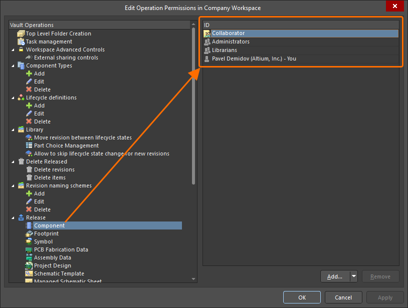Example permissions defined for the operation involving release into a Workspace component Example permissions defined for the operation involving release into a Workspace component