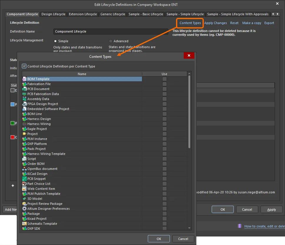 Accessing the Content Types dialog – command central for determining which content types can use the lifecycle definition being configured. Accessing the Content Types dialog – command central for determining which content types can use the lifecycle definition being configured.