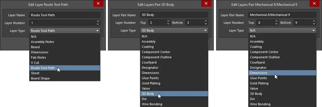 Select the Layer Type from the pre-defined list of Types; individual mechanical layers are shown on the left; Component Layer Pairs are shown in the middle and a new Component Layer on the right.