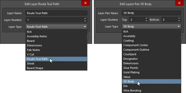 Select the Layer Type from the pre-defined list of Types; individual mechanical layers are shown on the left; Component Layer Pairs on the right.