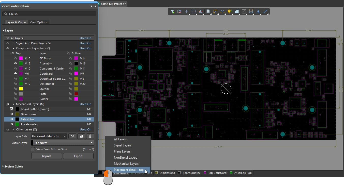 Configure the visibility of layers in the View Configuration panel, and save commonly used sets of layers as a user-defined Layer Set.