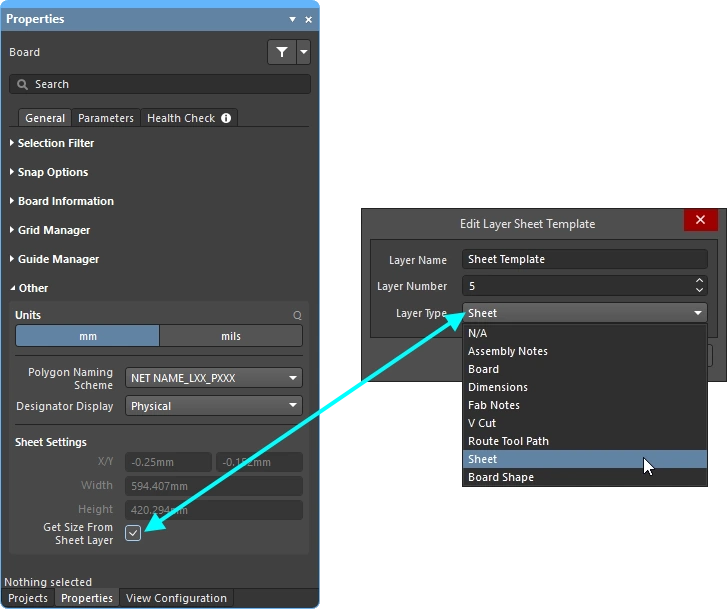 The sheet background can be sized automatically from the objects placed on the Sheet Layer-type.
