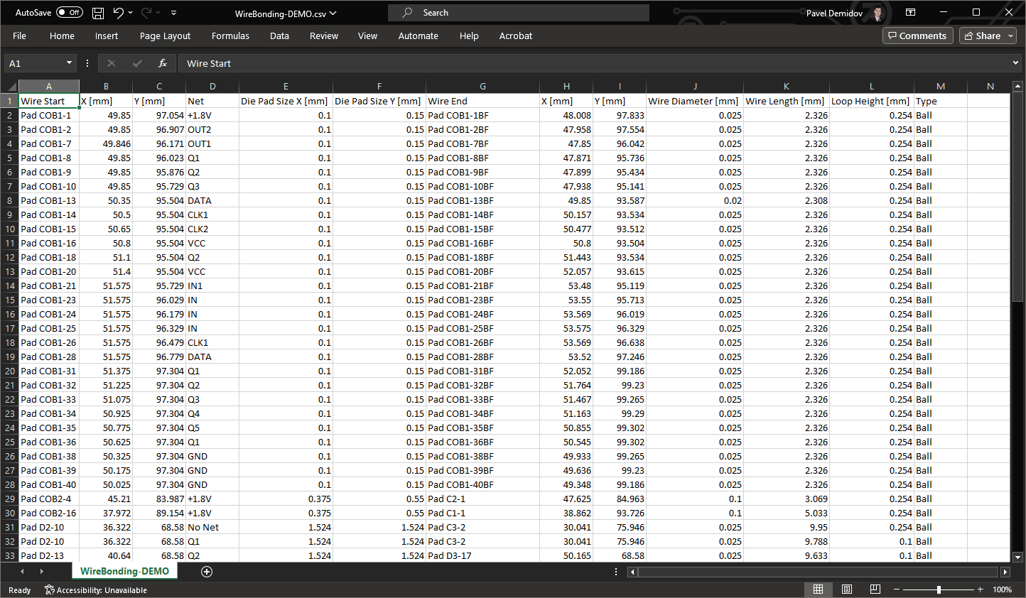 An example of a generated Wire Bonding Table Report An example of a generated Wire Bonding Table Report