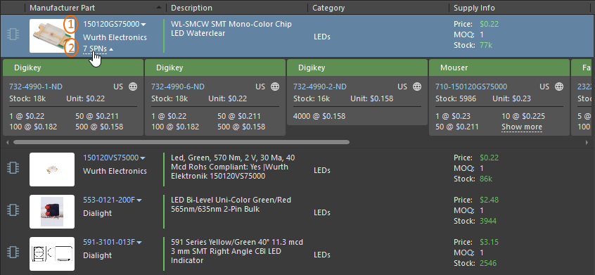 The panel provides supplier data for available components.