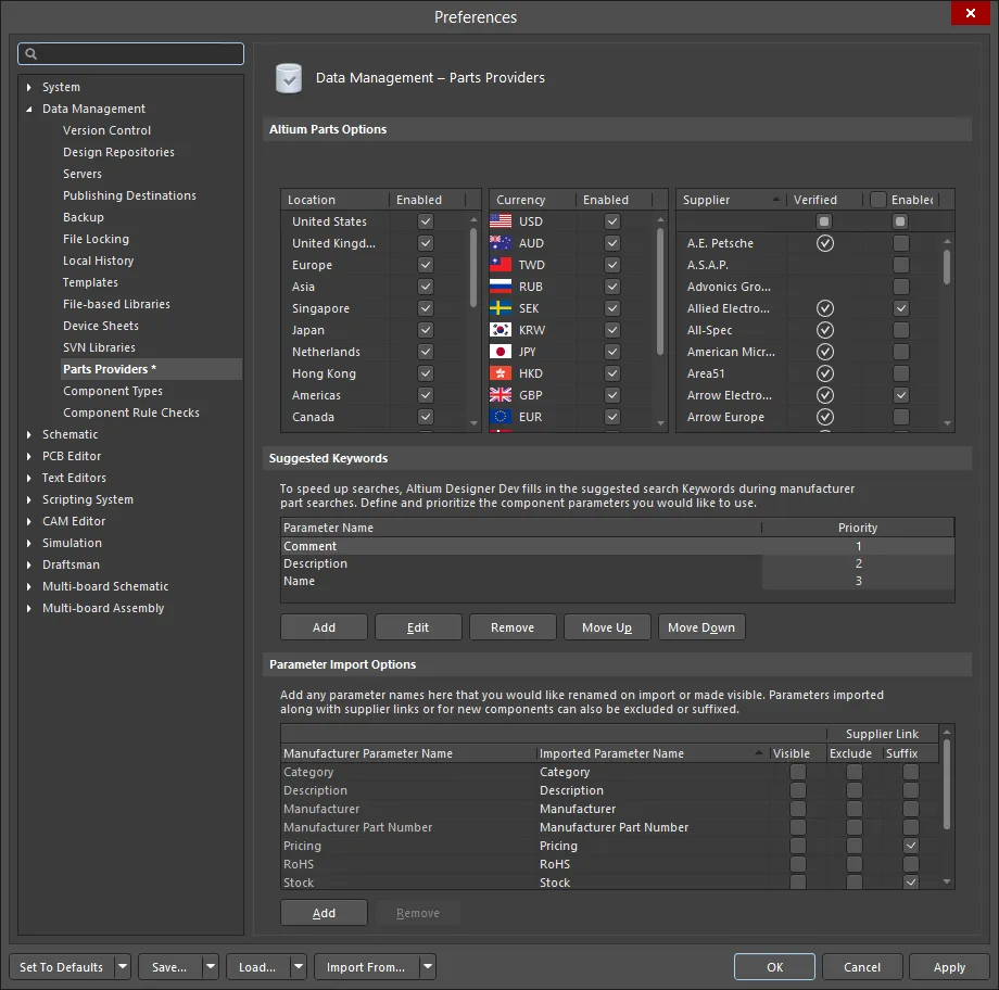 Configure options relating to the feature to link to Supplier data, as part of your Altium Designer preferences.