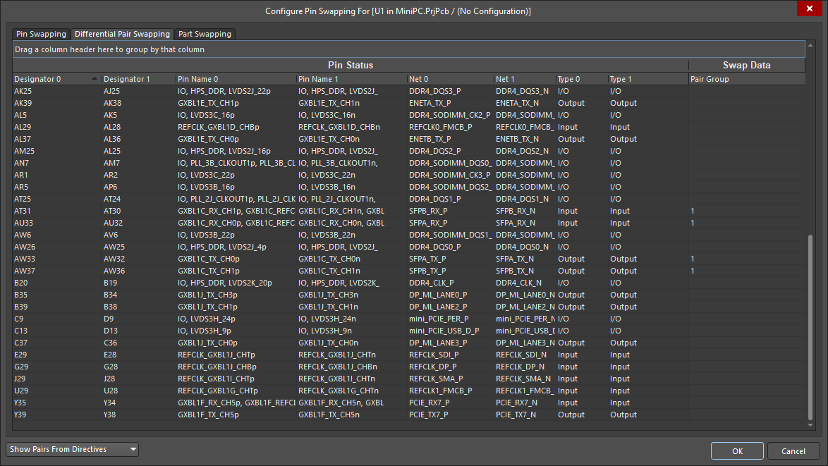 Setting up Pair Swap groups in the Configure Pin Swapping dialog.