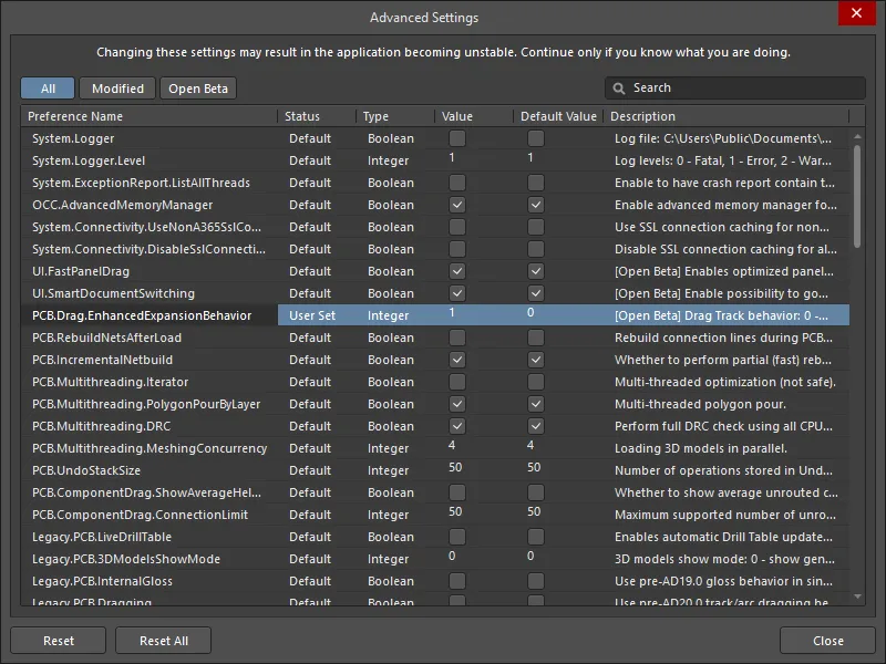 The Advanced Settings dialog