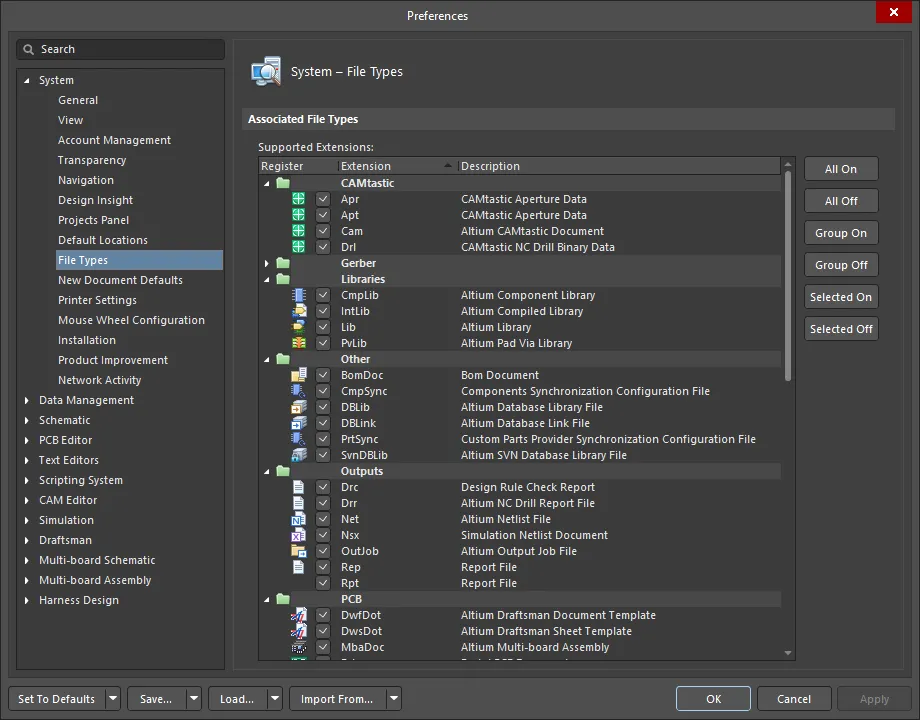 The System – File Types page of the Preferences dialog The System – File Types page of the Preferences dialog