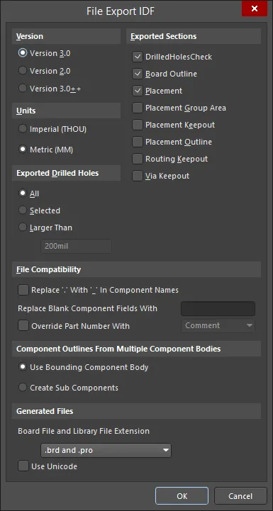 The File Export IDF dialog