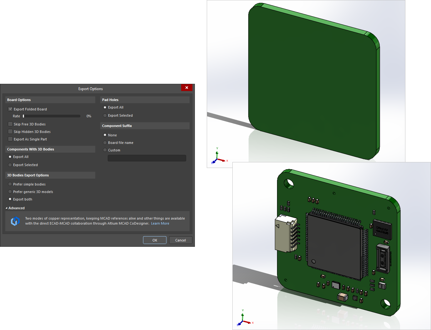 Exported STEP files displayed in an MCAD application, where the upper image file includes no pad holes or 3D bodies and the lower image file includes all objects.