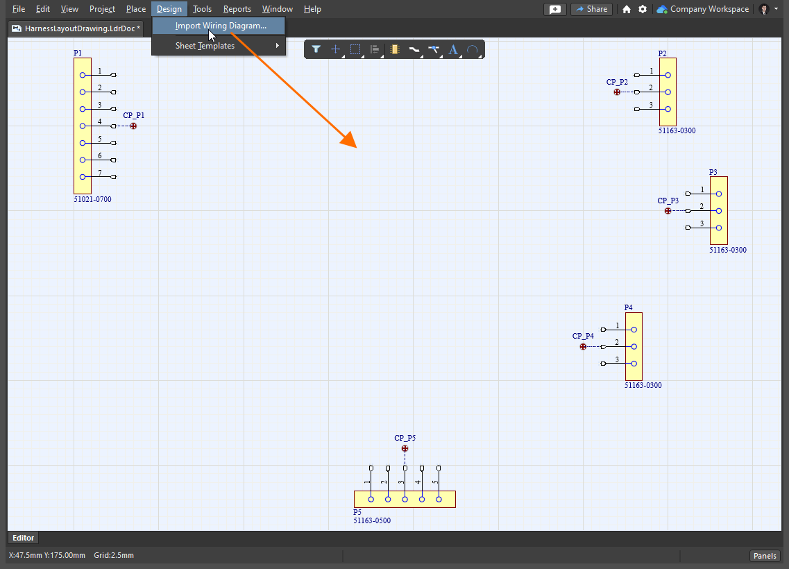 A harness layout drawing document with the imported data from the wiring diagram