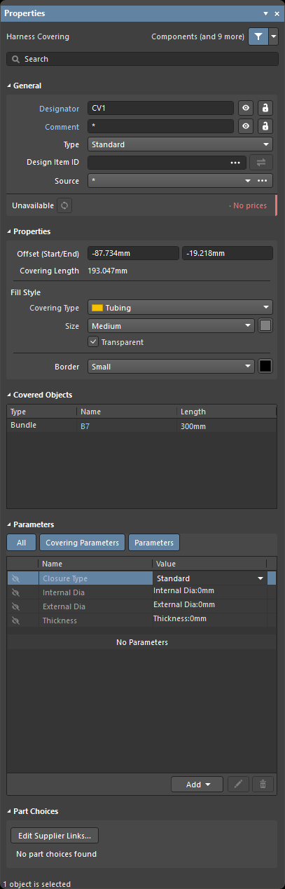 The Properties panel when a harness covering is selected The Properties panel when a harness covering is selected
