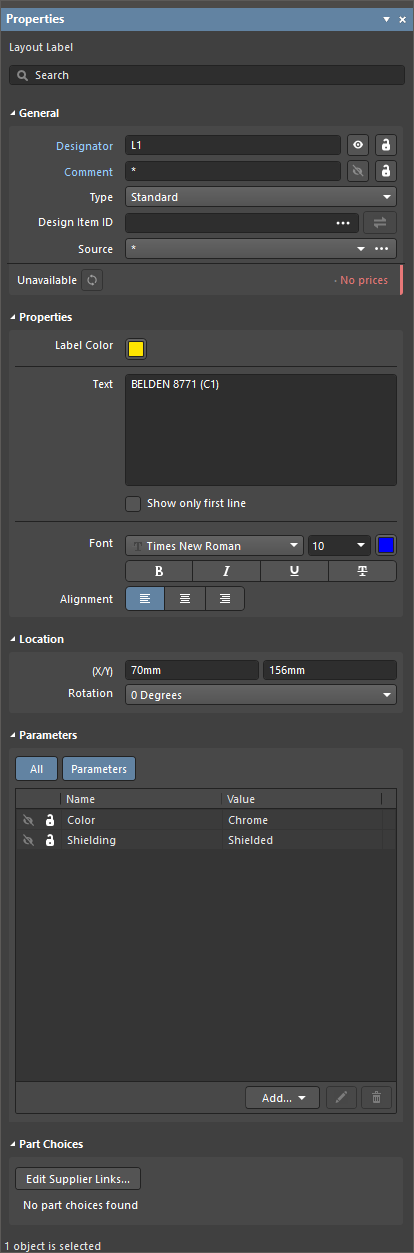 The Properties panel when a layout label is selected