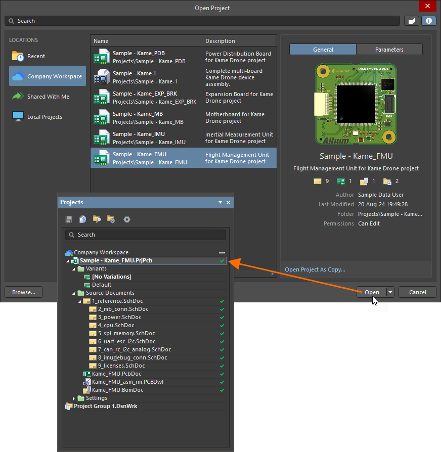 Choose which Workspace project to open from your connected Workspace within Altium Designer from those currently shared with you.