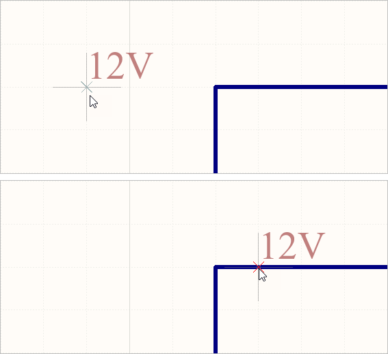 The net label in free space (the top image) and positioned over a wire (the bottom image), note the red cross.