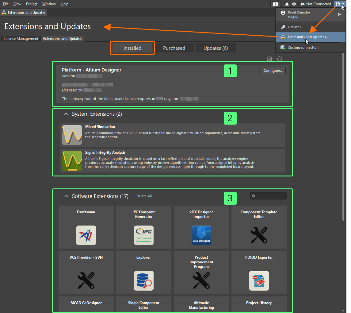 Access the Installed page of the Extensions and Updates view for a summary of what is currently installed in your instance of Altium Designer.