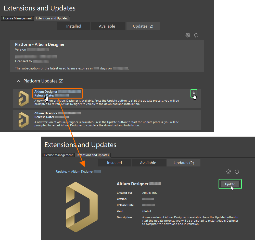 현재 버전 내에서 바로 새 버전의 Altium Designer로 업데이트합니다. 현재 버전 내에서 바로 새 버전의 Altium Designer로 업데이트합니다.