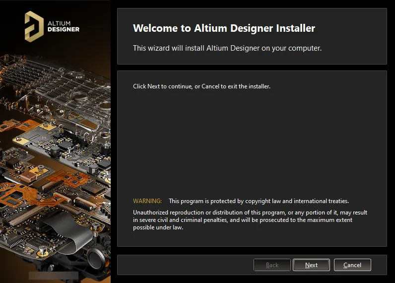 Initial welcome page for the Altium Designer Installer.